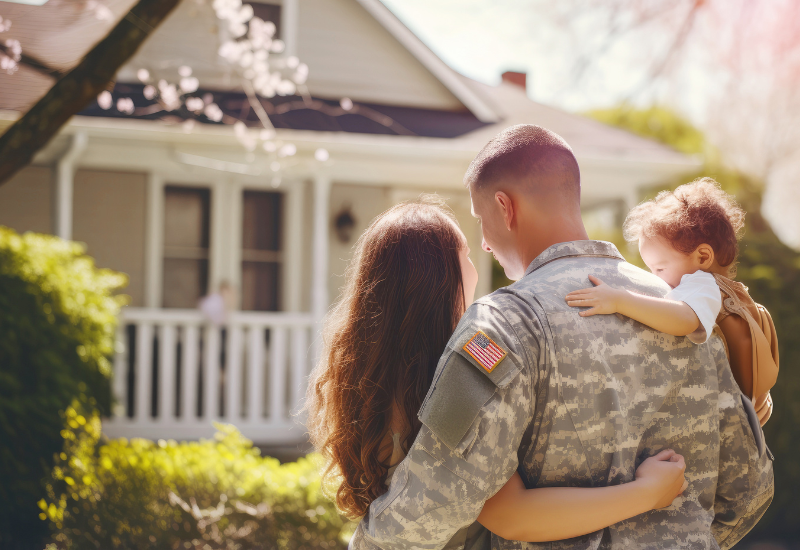 Man in military uniform standing with family, looking at a house