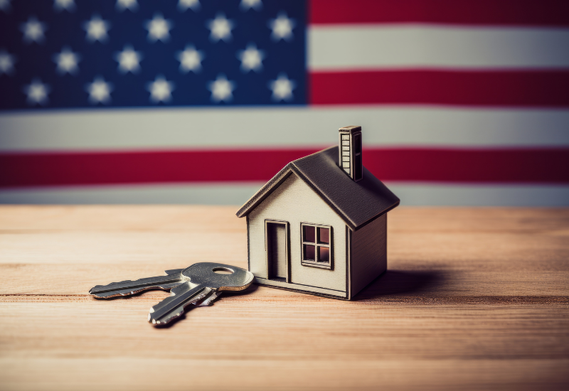 American flag background, with a house figurine and keys sitting in front