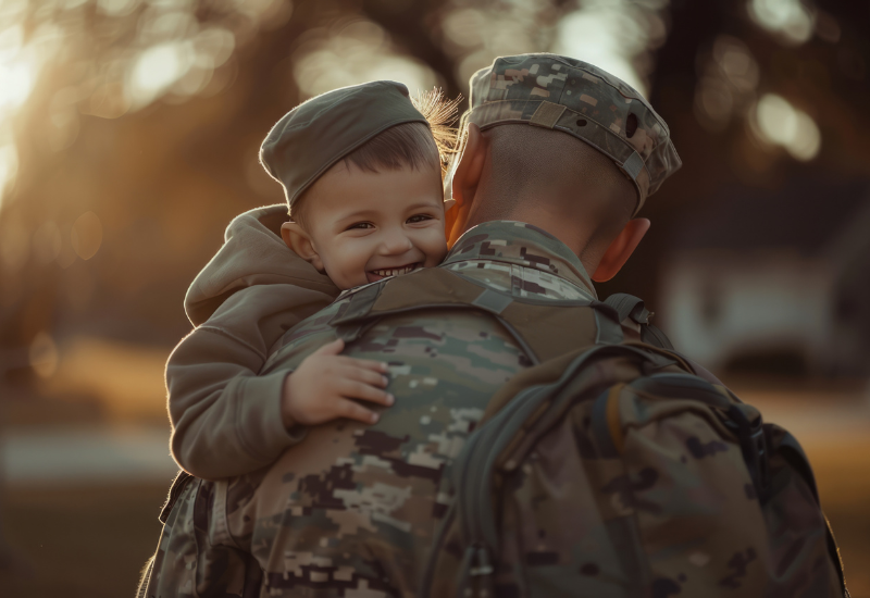 Man in military uniform holding child