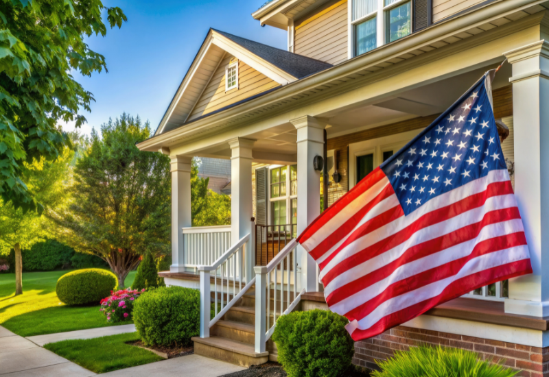 House with an American flag hanging out front