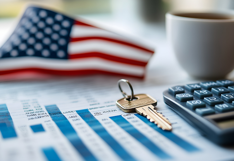 Paperwork sitting on a desk with an American flag, and a house key